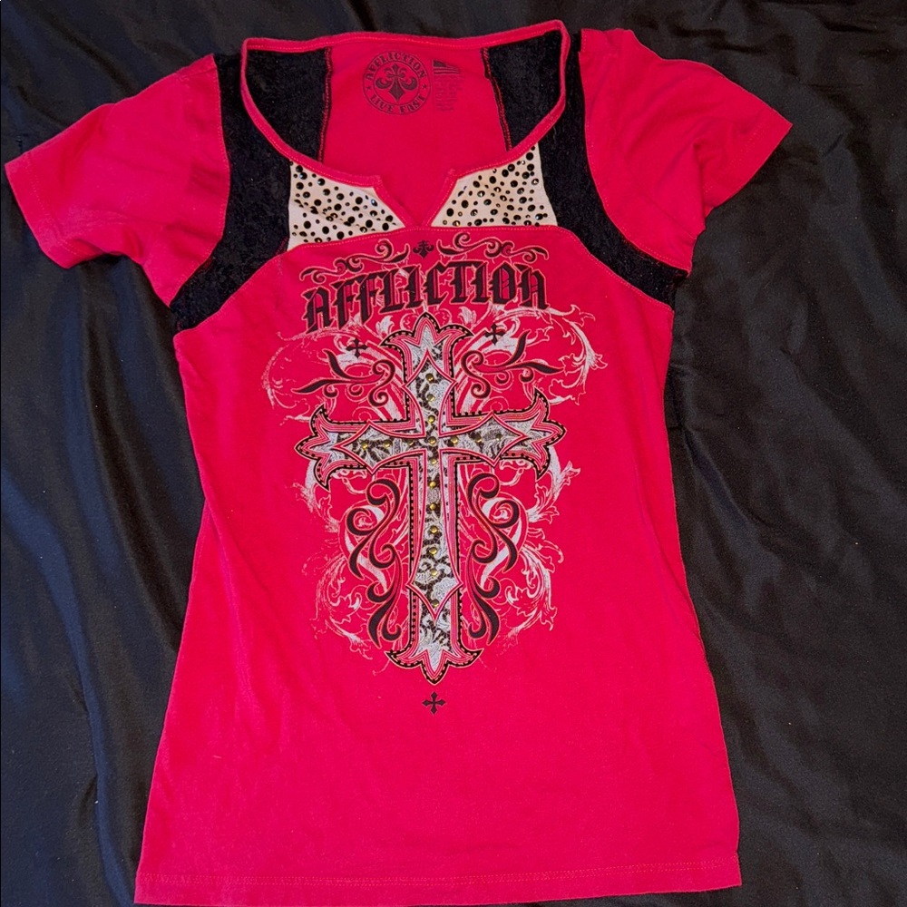 Affliction Women's Pink Graphic Tee with Cross Design